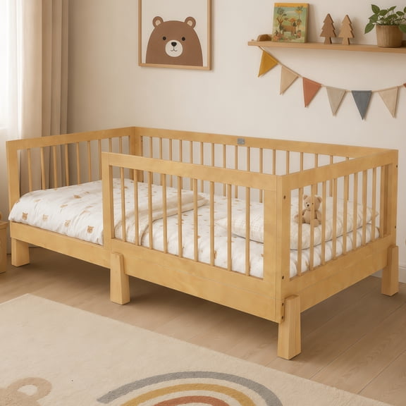 MODERNLUXE Twin Montessori Floor Bed, 3-in-1 Convertible Daybed to Platform Bed with Guardrails for Boys Girls,Natural