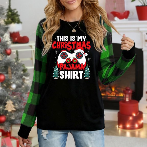 Women's Christmas Long Sleeve Top, Plaid Sleeve "This Is My Christmas Pajama Shirt" Gaming Controller Graphic Sweatshirt