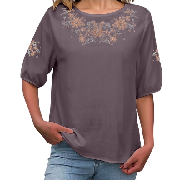 Vinsonshop Women Cotton Linen Embroidered Tops Spring Outfits for Women Linen Clothes for Women Boho Peasant Embroidered Boho Tops Embroidered Blouses Beach Vacation Clothes for Women (M-3XL)
