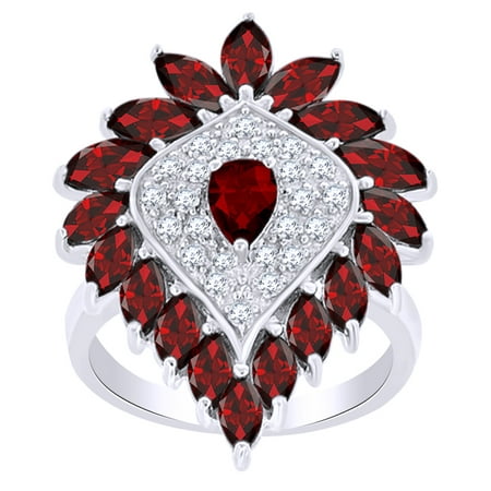 Pear Cluster Ring - 4.39 Ct Pear Shape Simulated Garnet & White Zirconia Cluster Ring in 14k White Gold Over Sterling Silver Ring Size - 4