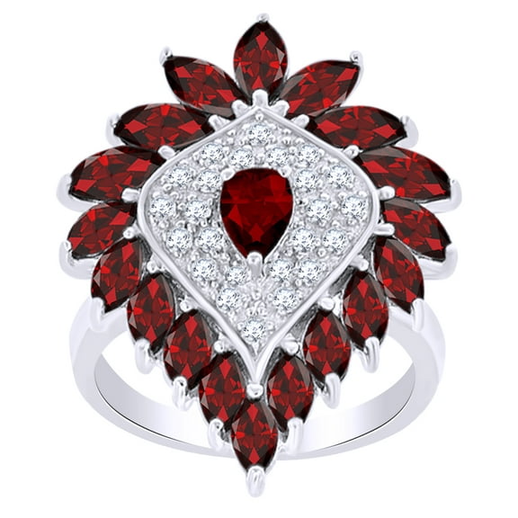AFFY 4.39 Ct Pear Shape Simulated Garnet & White Zirconia Cluster Ring in 14k White Gold Over Sterling Silver Ring Size - 4