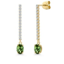 14K Yellow Gold Green Tourmaline and White Lab Grown Diamond Long Liner Dangle Earrings for Women | 1.36 Cttw | Gemstone October Birthstone | Oval 6X4MM | White Gold Chain Drop Earrings
