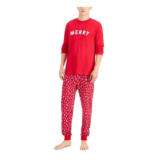 FAMILY PJs Sets Red Drawstring Printed Long Sleeve Crew Neck T-Shirt Cuffed Holiday  Size M