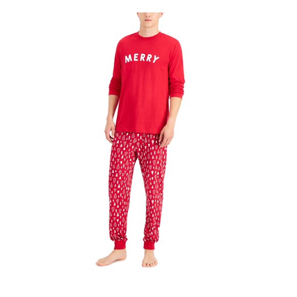 FAMILY PJs Sets Red Elastic Band Printed Long Sleeve Crew Neck T-Shirt Cuffed Everyday Size S