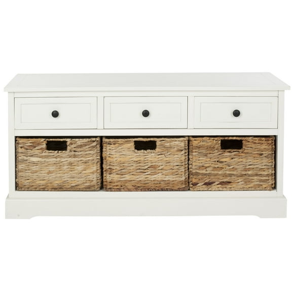 SAFAVIEH Damien Storage Bench with 3 Wicker Baskets and 3 Drawers, Distressed Cream