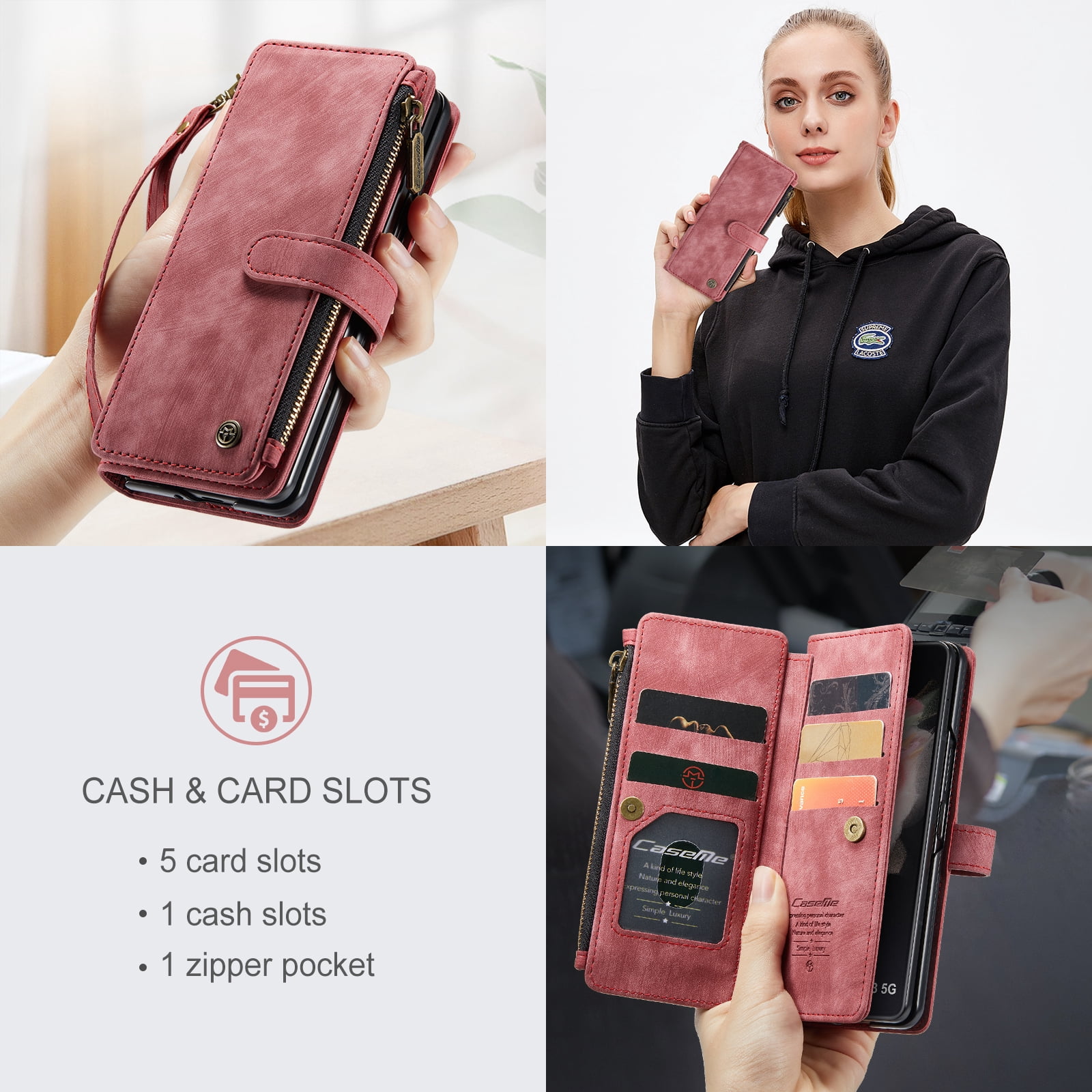 Dteck Galaxy Z Fold 3 Case, Dteck Heavy Duty Durable PU Leather Magnetic Wallet Flip Lanyard Strap Wristlet Zipper Card Holder Phone Case for Samsung Galaxy Z Fold 3 5G, Red