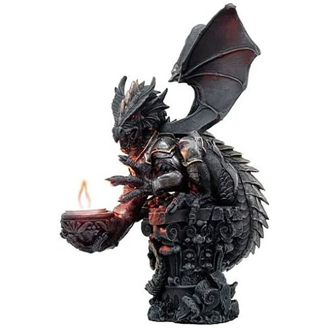 Large Rune Armored Dragon On Pedestal Tea Light Candle Holder Statue Figurine