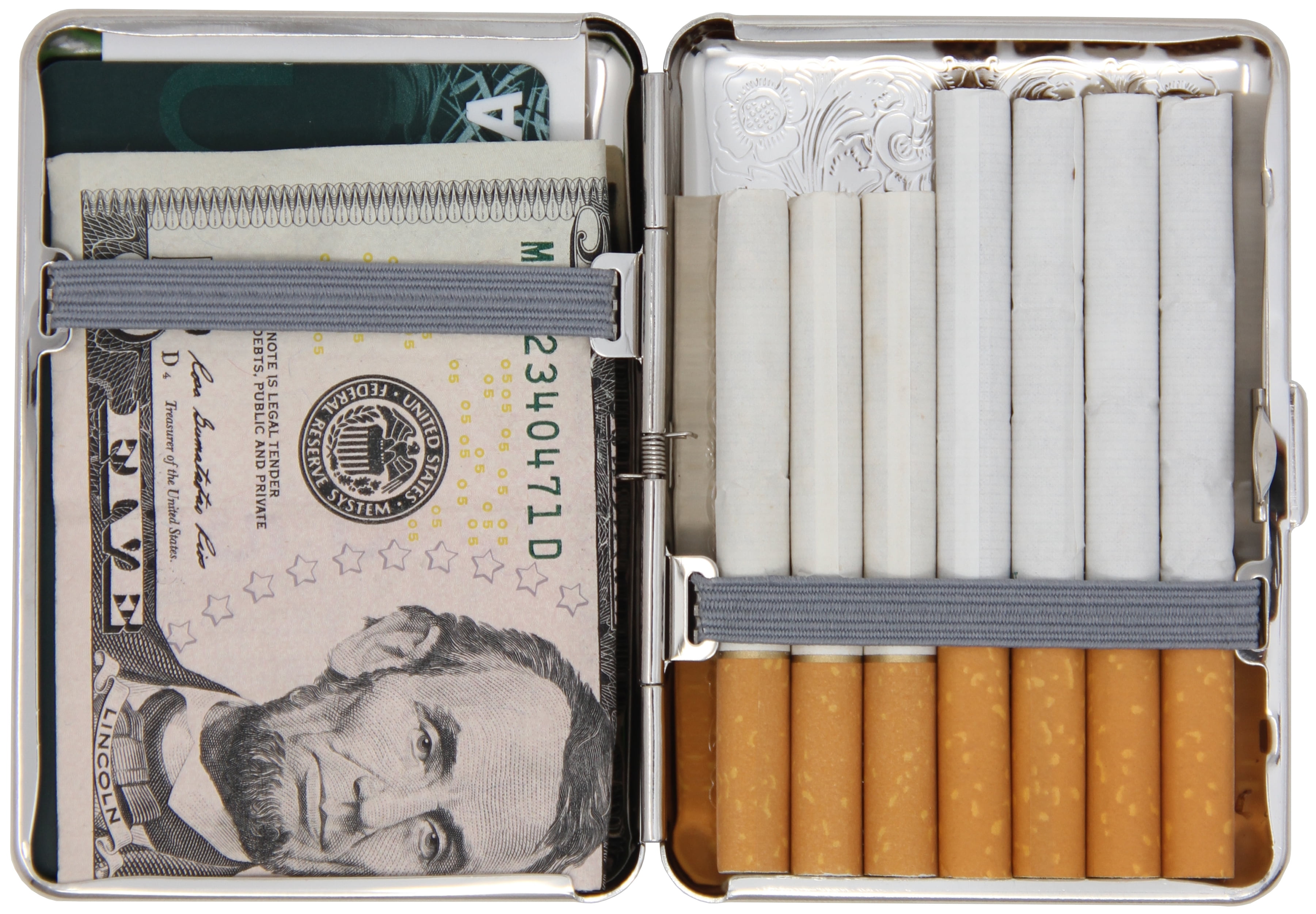 metal cigarette case wallet Set of 2 Compact Metal-Plated King Size Cigarette Case With Elastic Bands  (Silver Victorian Scroll)