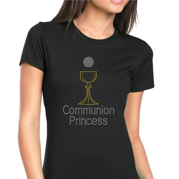 Womens T-Shirt Rhinestone Bling Black Tee Communion Princess Sparkle Crew Neck Medium