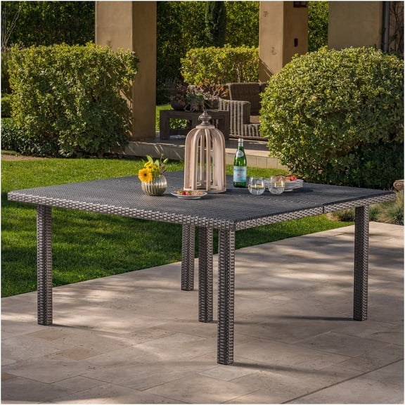 JERFIT 64 Inch Square Patio Dining Table, Rattan Wicker Outdoor Table with Iron Frame, Grey
