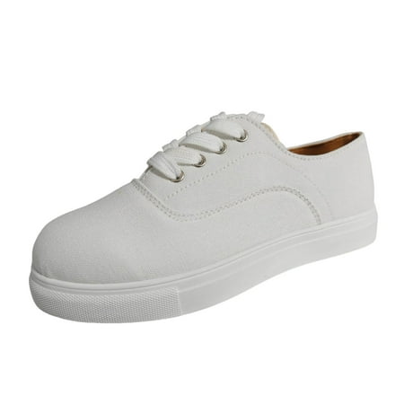 OJSFQUFP Womens Running Shoes Ladies Fashion Solid Canvas Breathable Lace Up Flat Bottom Casual Single Shoe Work Flats Office Shoes Women Flats Shoes Dressy White 39