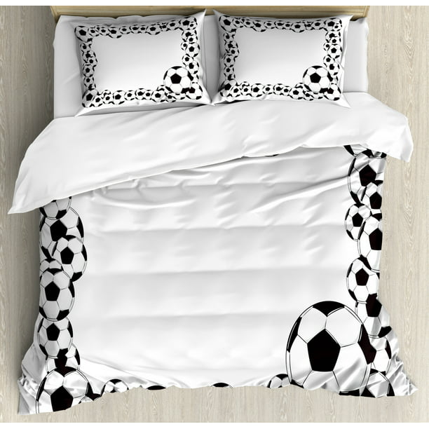 Soccer Duvet Cover Set Queen Size, Monochrome Football Frame Pattern  Abstract Illustration Playing Sports Game, Decorative 3 Piece Bedding Set  with 2 