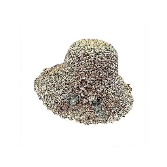 Elegant Crochet Hat with Ruffle Detail for Women, Summer Wide Brim Sun Hat, Khaki One Size Fits All