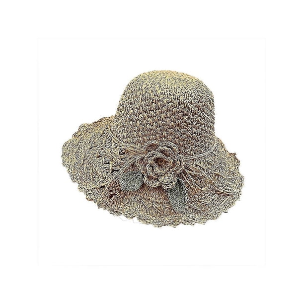 Elegant Crochet Hat with Ruffle Detail for Women, Summer Wide Brim Sun Hat, Khaki One Size Fits All