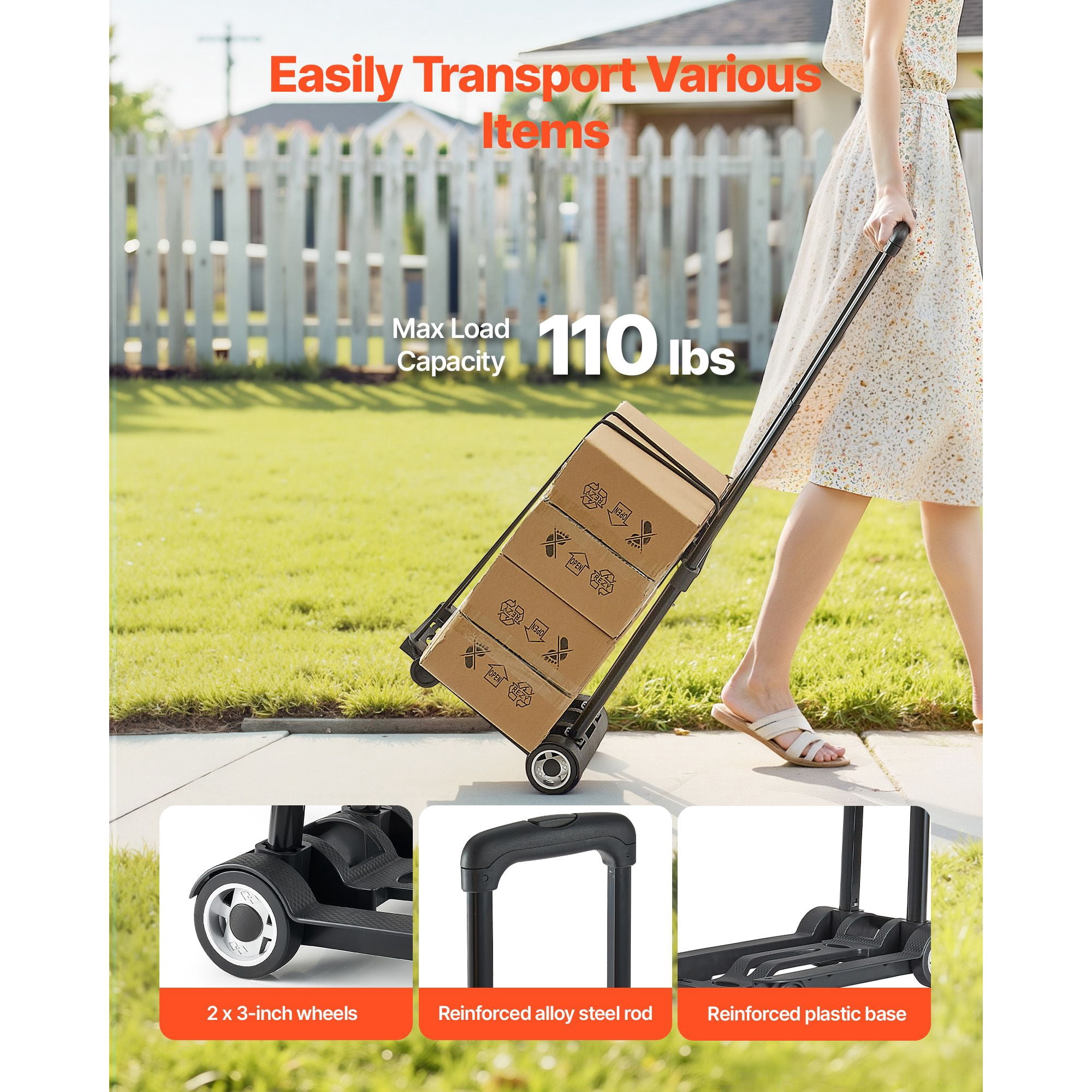 Folding Hand Truck with 110lbs Capacity,Collapsible Luggage Cart with 2 Wheels and Elastic Rope for Travel and Moving Furniture,Black