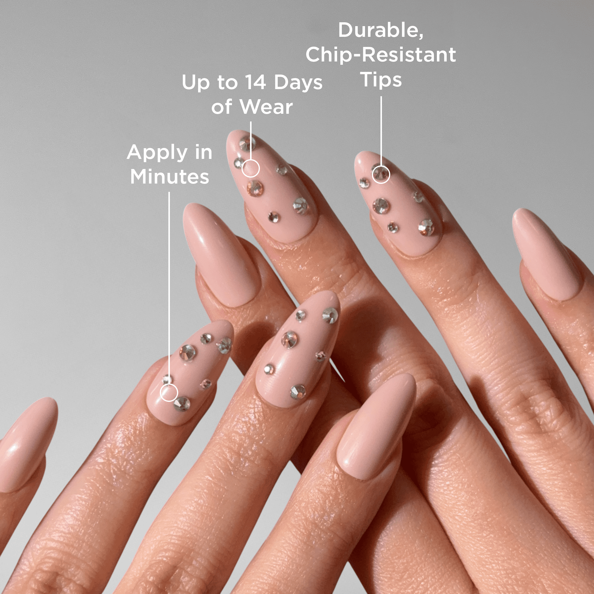PaintLab Medium Almond Press On Nails 3D, Nude Diamonds, 30 Count