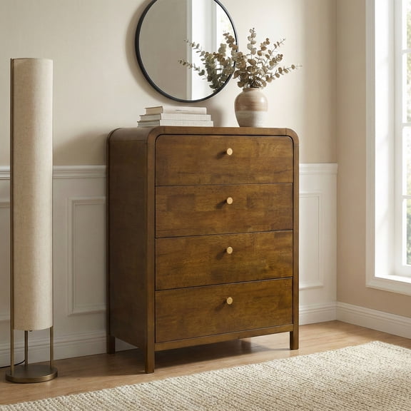 Roundhill Furniture Eldren 4-Drawer Wood Chest with Solid Rubberwood Frame, Walnut Finish