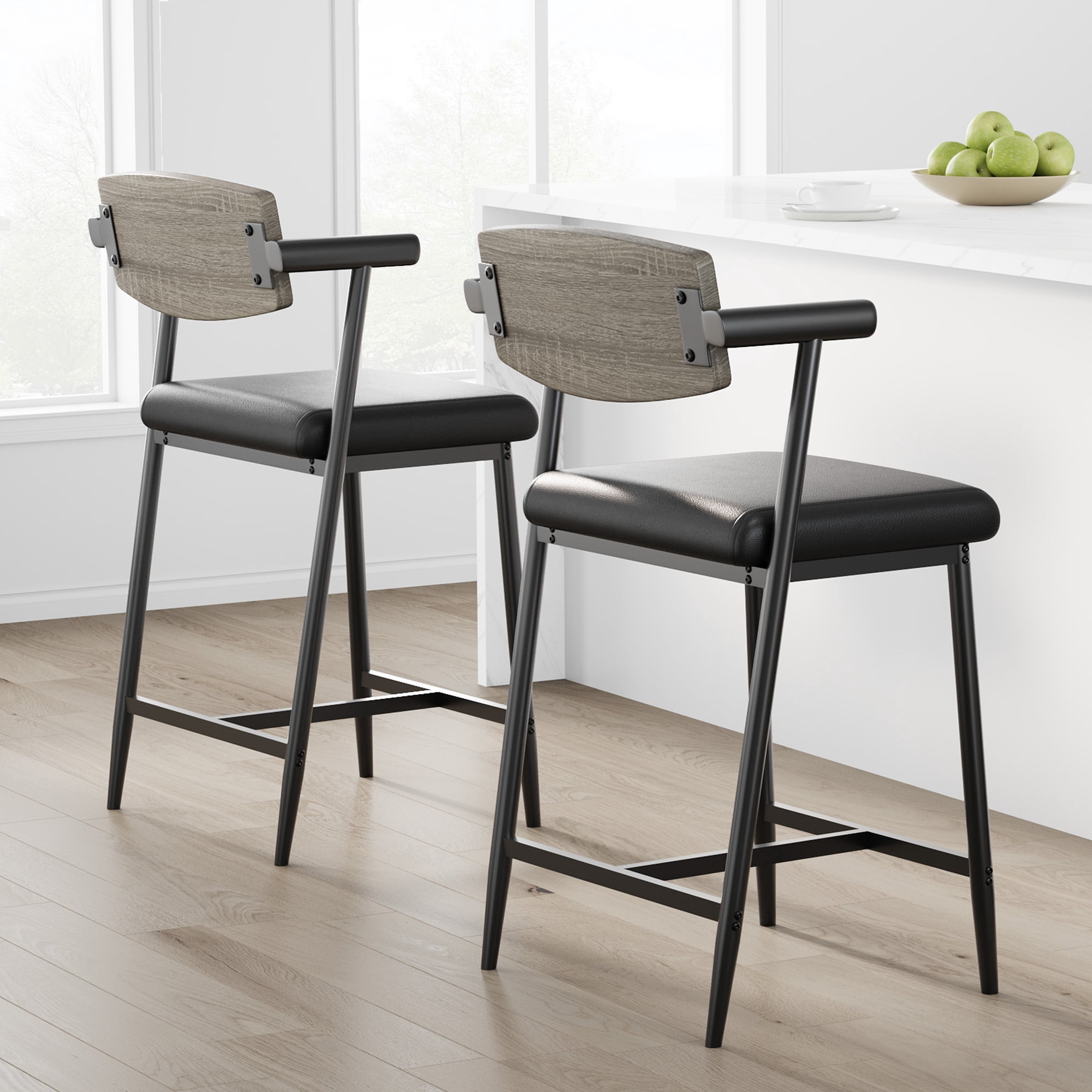 Set of 2 Bar Stools, 26" Counter-Height with Arms & Back, PU Leather Seats, Wooden Backrest & Heavy-Duty Metal Frame with Footrest – Easy Assembly