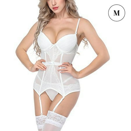 

Women Corset Bodysuit Underwear Deep V Perspective White Lingerie Gift M