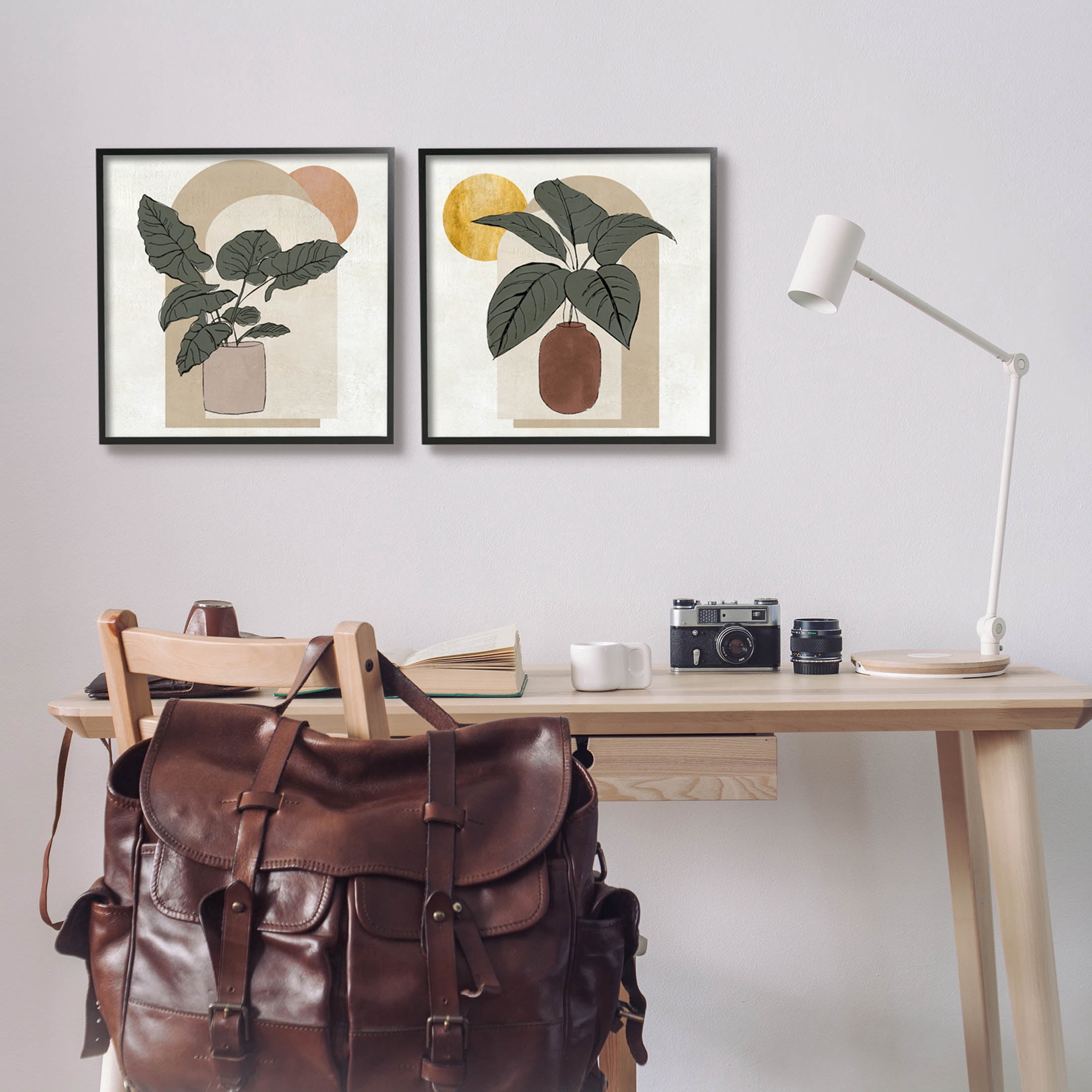 Potted Plant Leaves Geometric Shapes Botanical & Floral Graphic Art Black Framed Art Print Wall Art, Set of 2