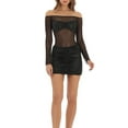thumbnail image 4 of Women's Summer Strapless Dress Mesh Sheer Patchwork Strapless Long Sleeve Ruched Slim Mini Dress, 4 of 7