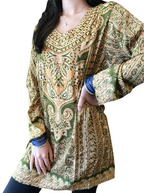 Women Tunic Blouse,Green Beige Paisley Printed Top, Summer Boho Fashion Comfy Tunic M