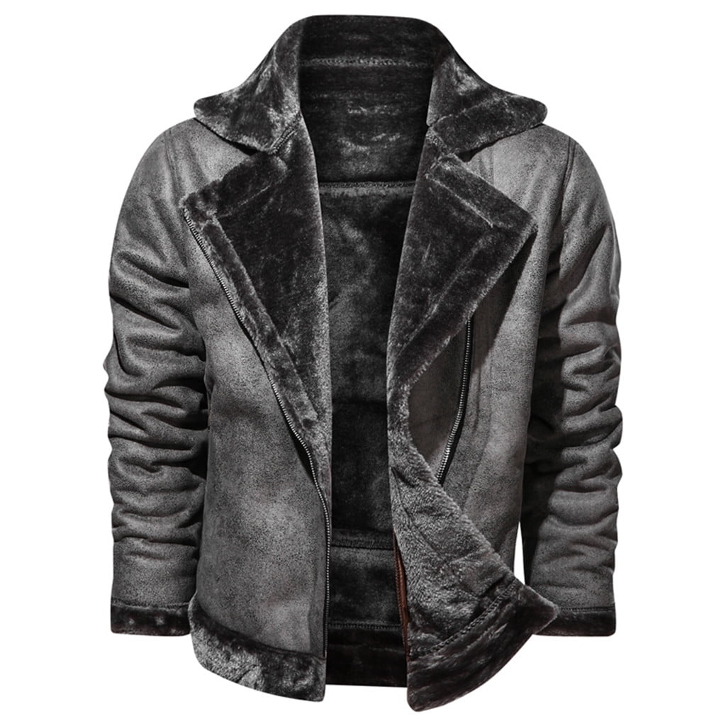 guisaled Men's Faux Leather Jacket Men Fuzzy Sherpa Fleece Lined Bomber Jackets Button Down Lapel Collar Winter Coats with Shearling Lining
