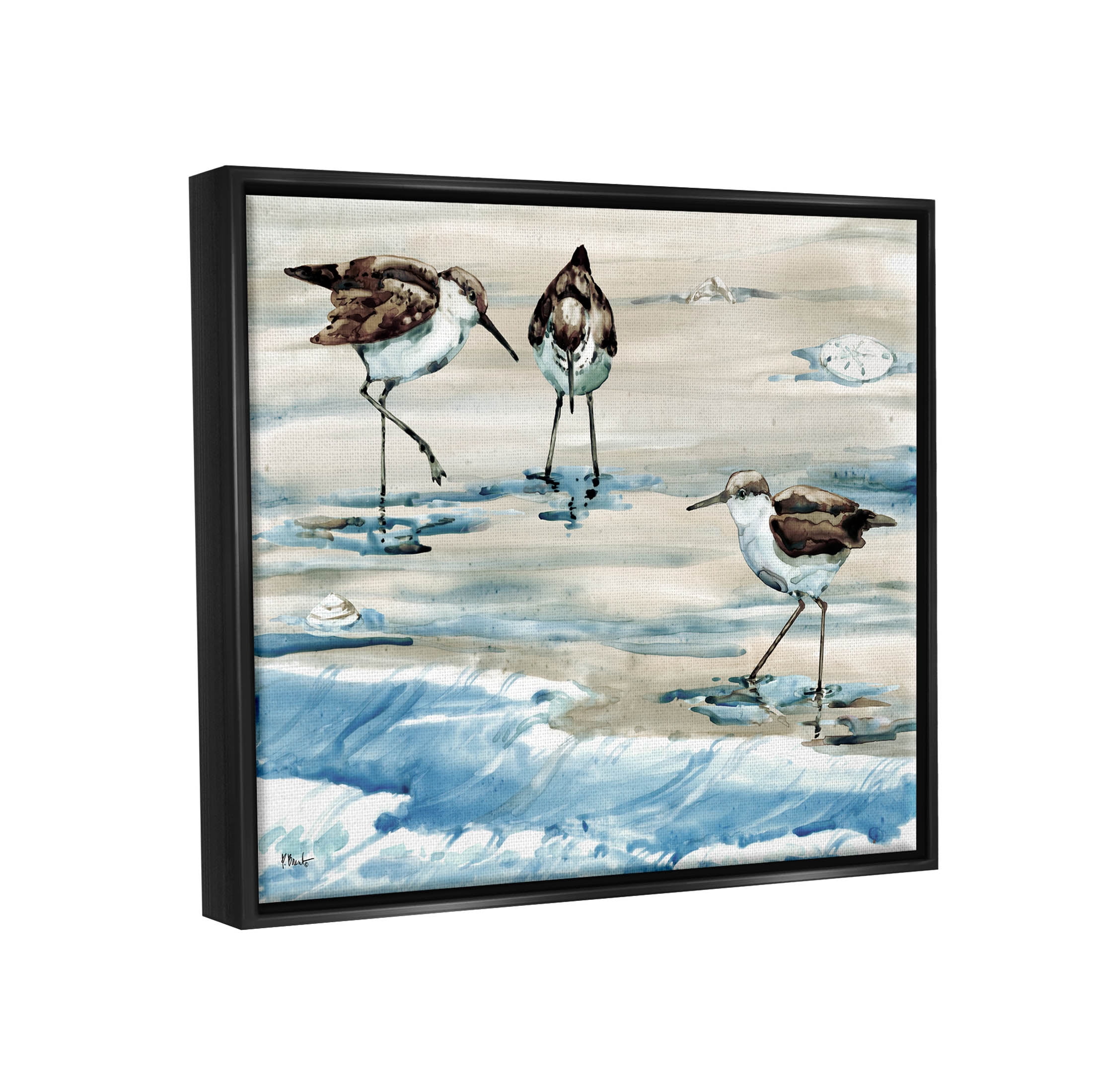 Stupell Industries Rockhampton Sandpipers Ocean Waves Painting Jet Black Floating Framed Canvas Print Wall Art, Design by Paul Brent