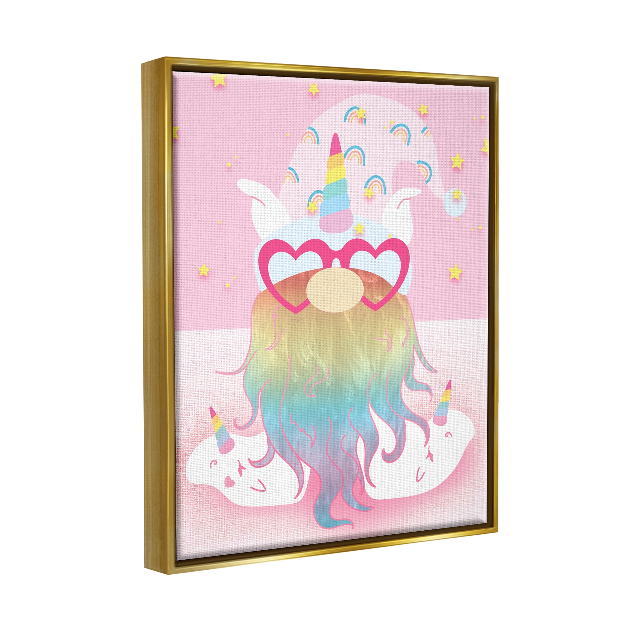 Stupell Fun Unicorn Gnome Pink Rainbow Fairy Tales & Fantasy Painting Gold Floater Framed Art Print Wall Art