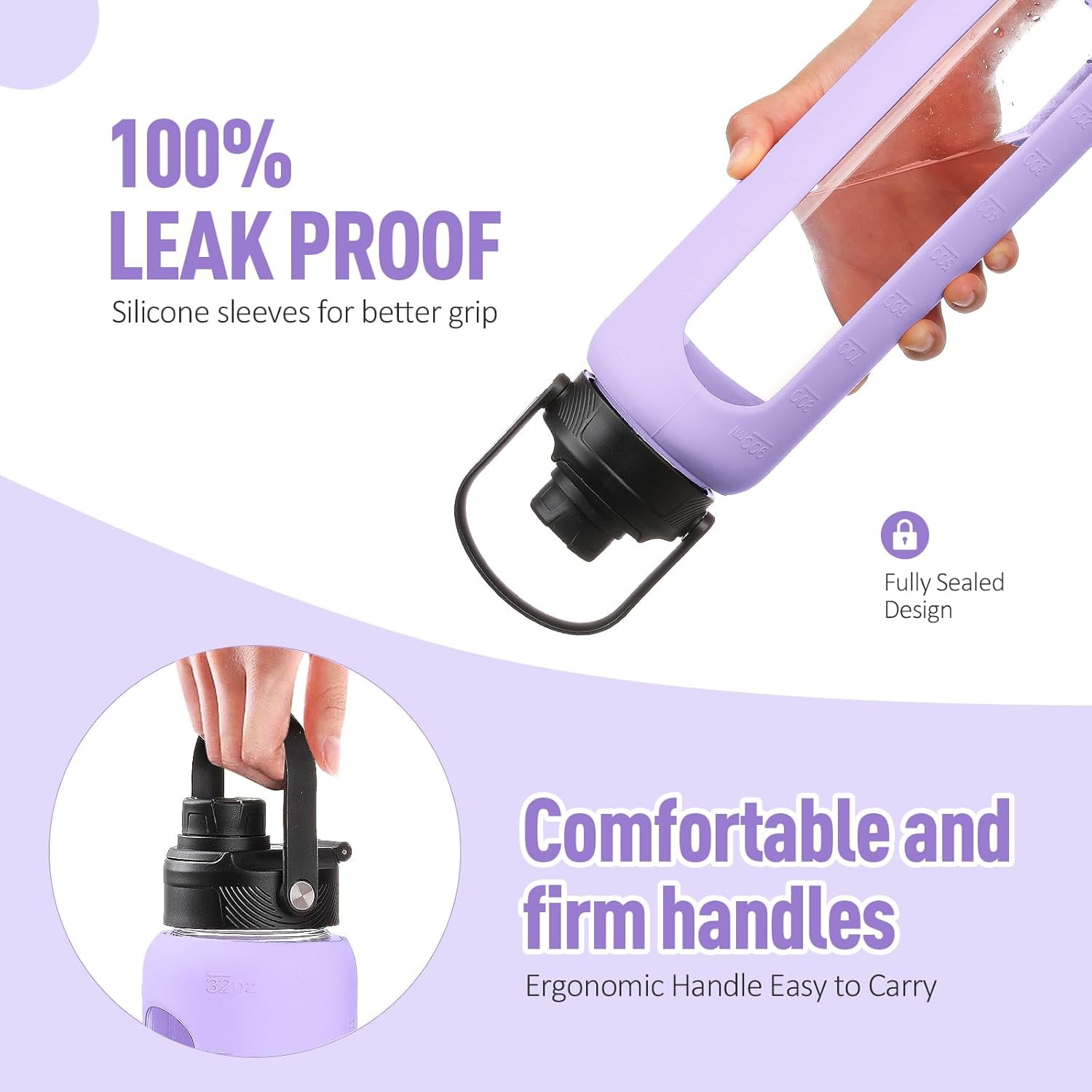 MUKOKO Glass Water Bottle, 24oz Sports Drinking Tumbler with Silicone Sleeve and Straw, 1 Cup 2 Lids, Purple