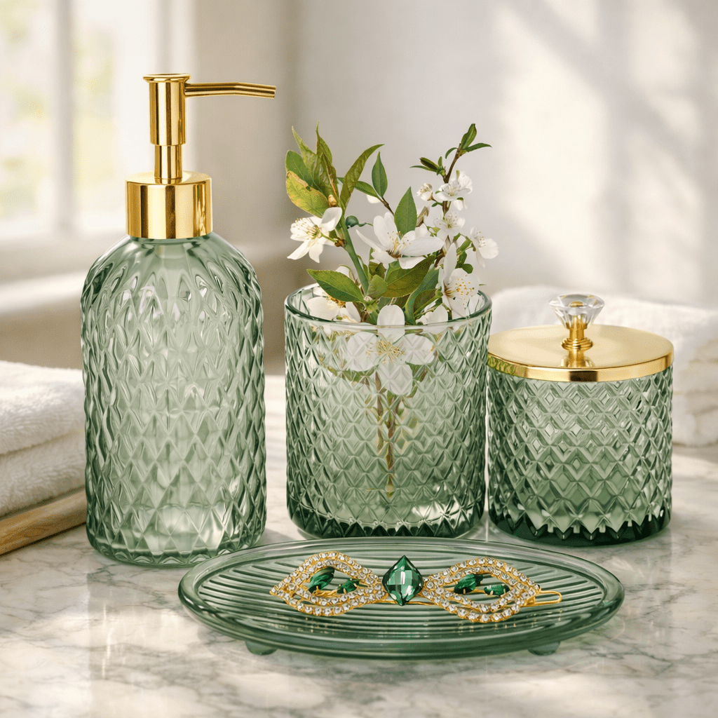 Cirhy 4-Piece Green Glass Bathroom Accessories Set, Lotion Soap Dispenser, Toothbrush Holder, Qtip Holder, Soap Dish, Modern Bathroom Decor Set for Countertop Organization