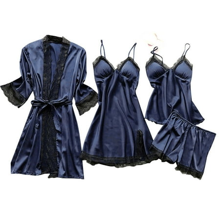 

JSGEK Clearance Pajamas for Women Silk Pajama Set 4pcs Cami Silk Top Shorts Nightgown Sleepwear Robe Sets Cute Stain Pjs for Women Navy L