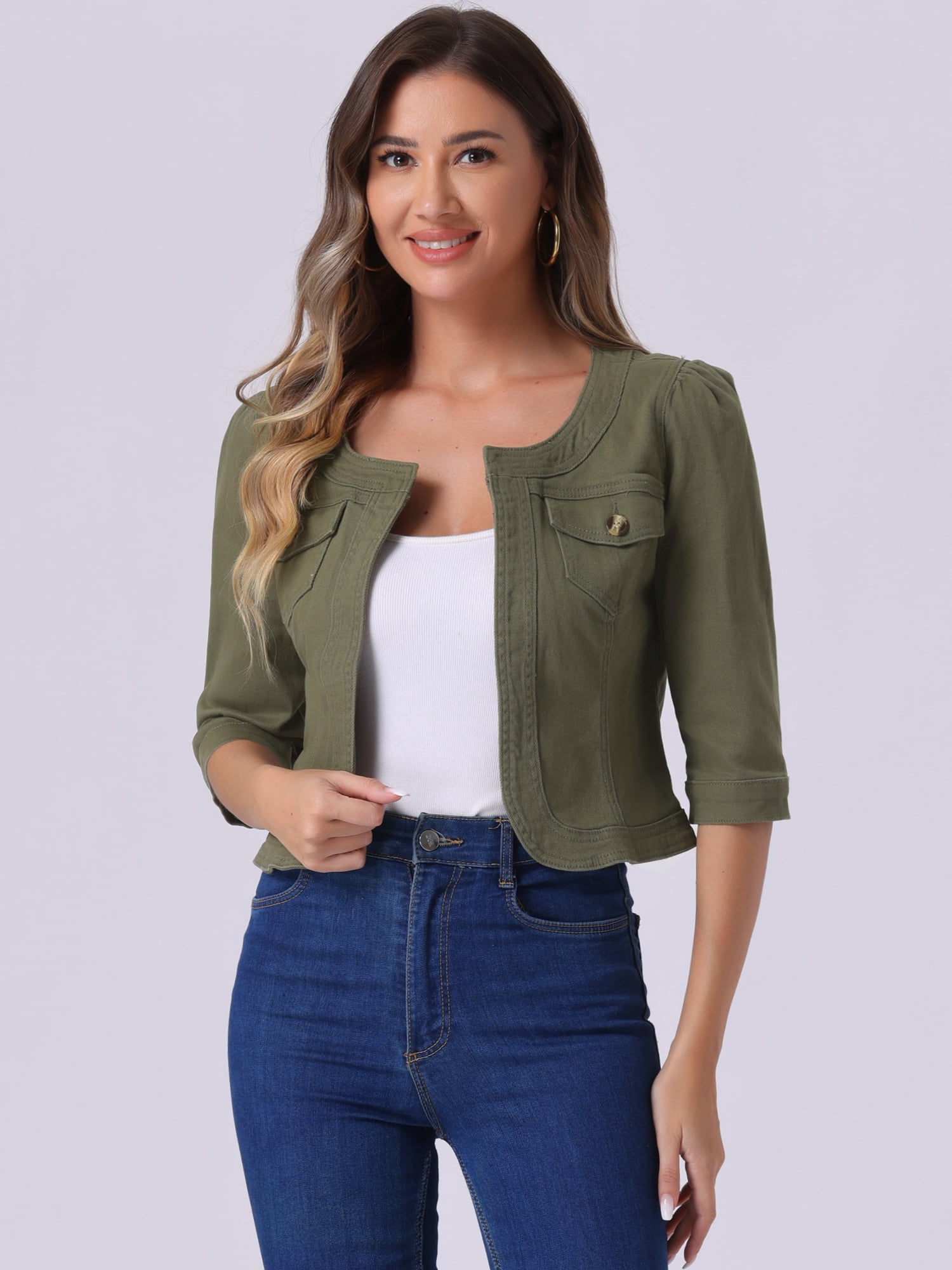 DARING DIVA Women's Collarless 3/4 Sleeve Denim Jackets XL Army Green