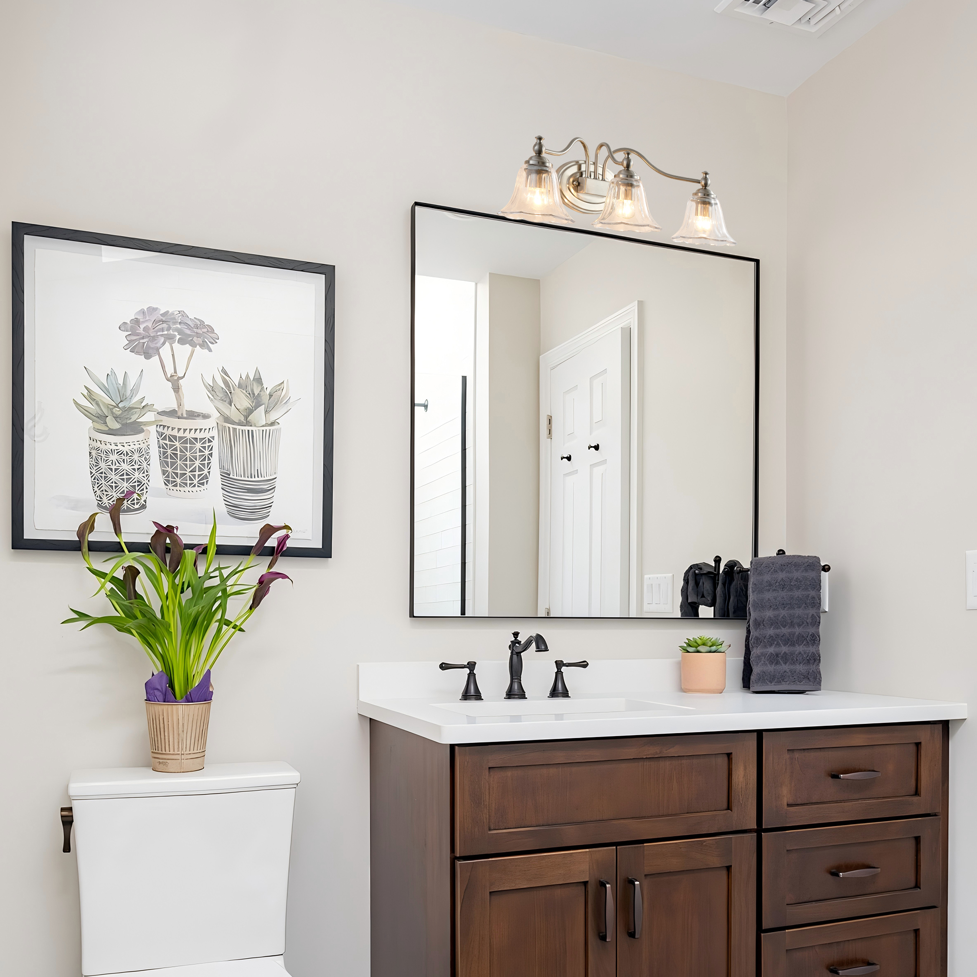 Brushed Nickel Vintage 3-Light Vanity Light, Bathroom Mirror Light with Floral Glass Shades, Farmhouse Wall Sconce for Bedroom