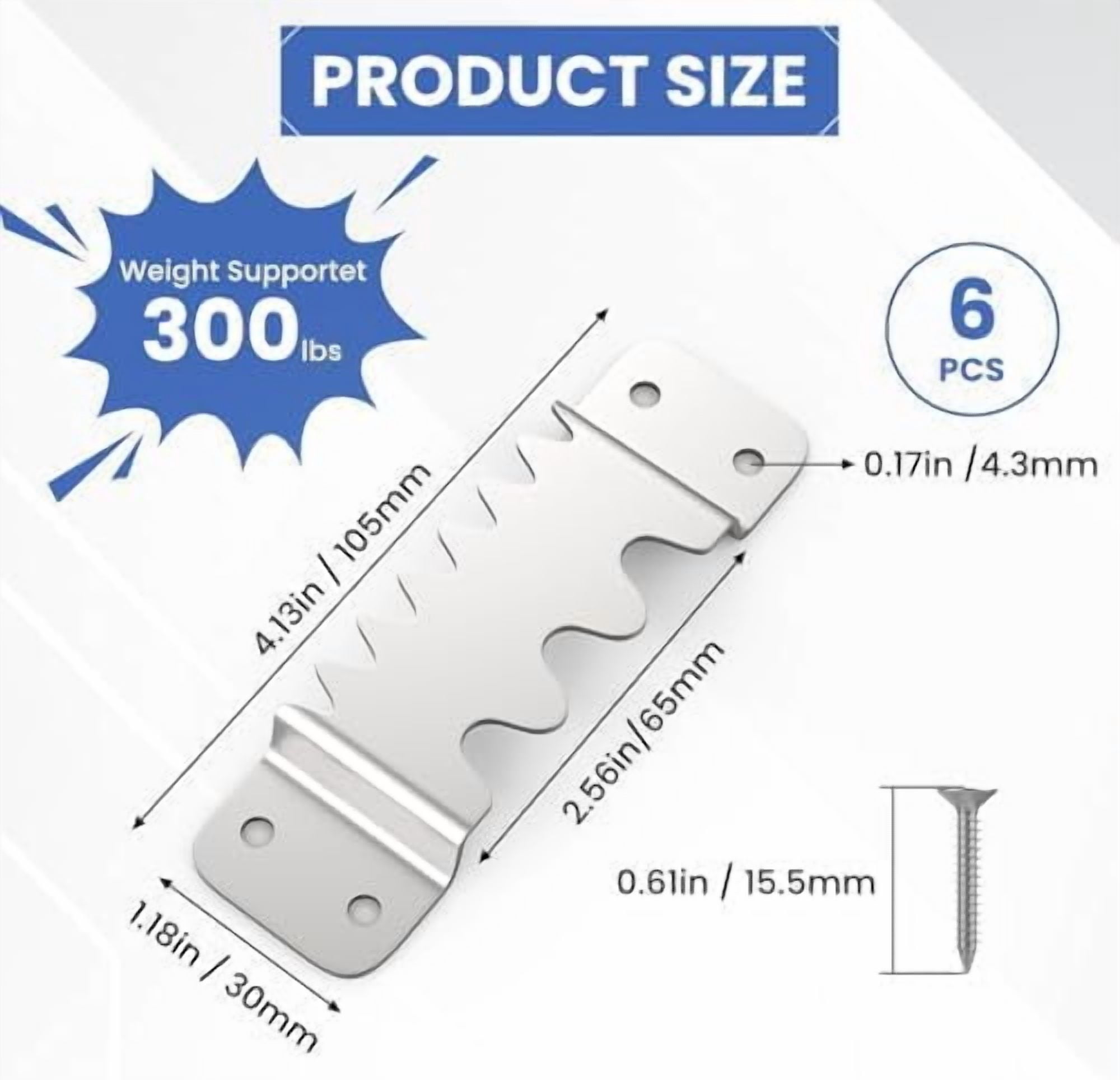 6PCS Large Sawtooth Picture Hangers Supports 300 lbs Heavy Duty Picture Hanging Hardware Picture Frame Bracket with Screws, Painting Hanging Accessories for Heavy Decorations(Silver)