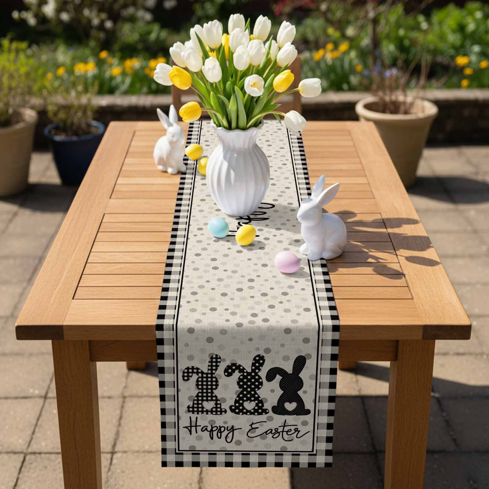 Happy Easter Table Runner, Black Bunny Polka Dots Black White Plaid Linen Texture Cotton Linen Kitchen Table Decoration Washable Dining Tabletop Runners for Home Party Decor 13x90 Inches