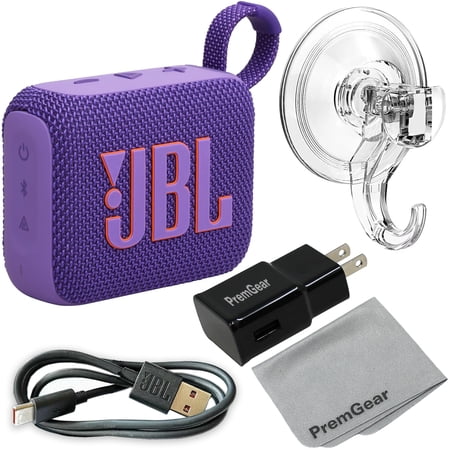 JBL Go 4 Ultra-Portable, Waterproof and Dustproof Bluetooth Speaker (Purple) with Punchy bass, 7-Hour Battery, Bundled with Clear Suction Hook, Charging Cable, Wall Adapter and Cloth