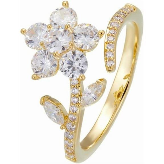 Rotating Flower Wrap Finger Ring Spinner Ring for Women Sparkling Crystal CZ Floral Open Statement Ring Fidget Anxiety Ring Eternity Promise Rings Band