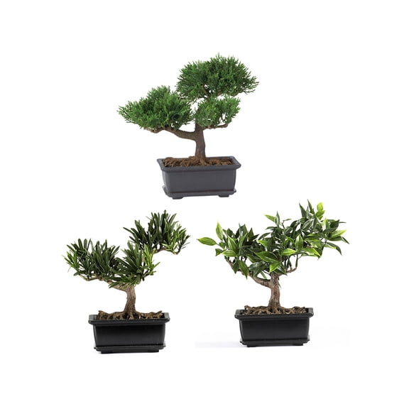 Nearly Natural 8.5" Bonsai Plastic Artificial Plant Collection (Set of 3), Green