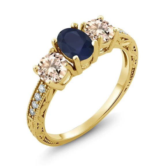 Gem Stone King 1.92 Ct Oval Blue Sapphire Peach Morganite 18K Yellow Gold Plated Silver Moissanite Ring (Size 7)
