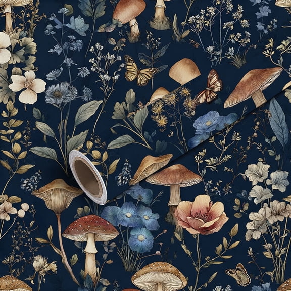 Peel and Stick Wallpaper Contact Paper Mushroom Wildflower Botanical Dark Navy Butterflies Self Adhesive and Removable 24in x 118in
