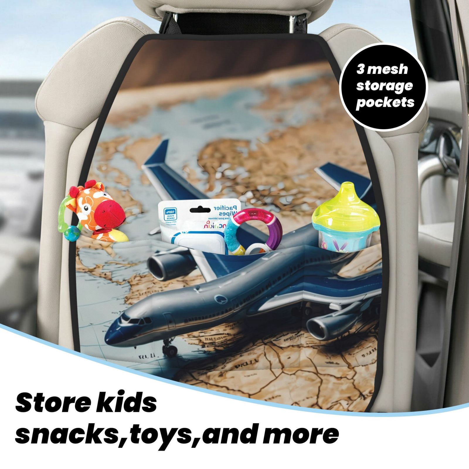 Kdxio Airplane World Map Adventure Print 2 Pack Car Kick Mat Seat Cover Back Protector Mat with Pockets for Organizer Backseat Protector and Storage Anti Kick Pad for Vehicles