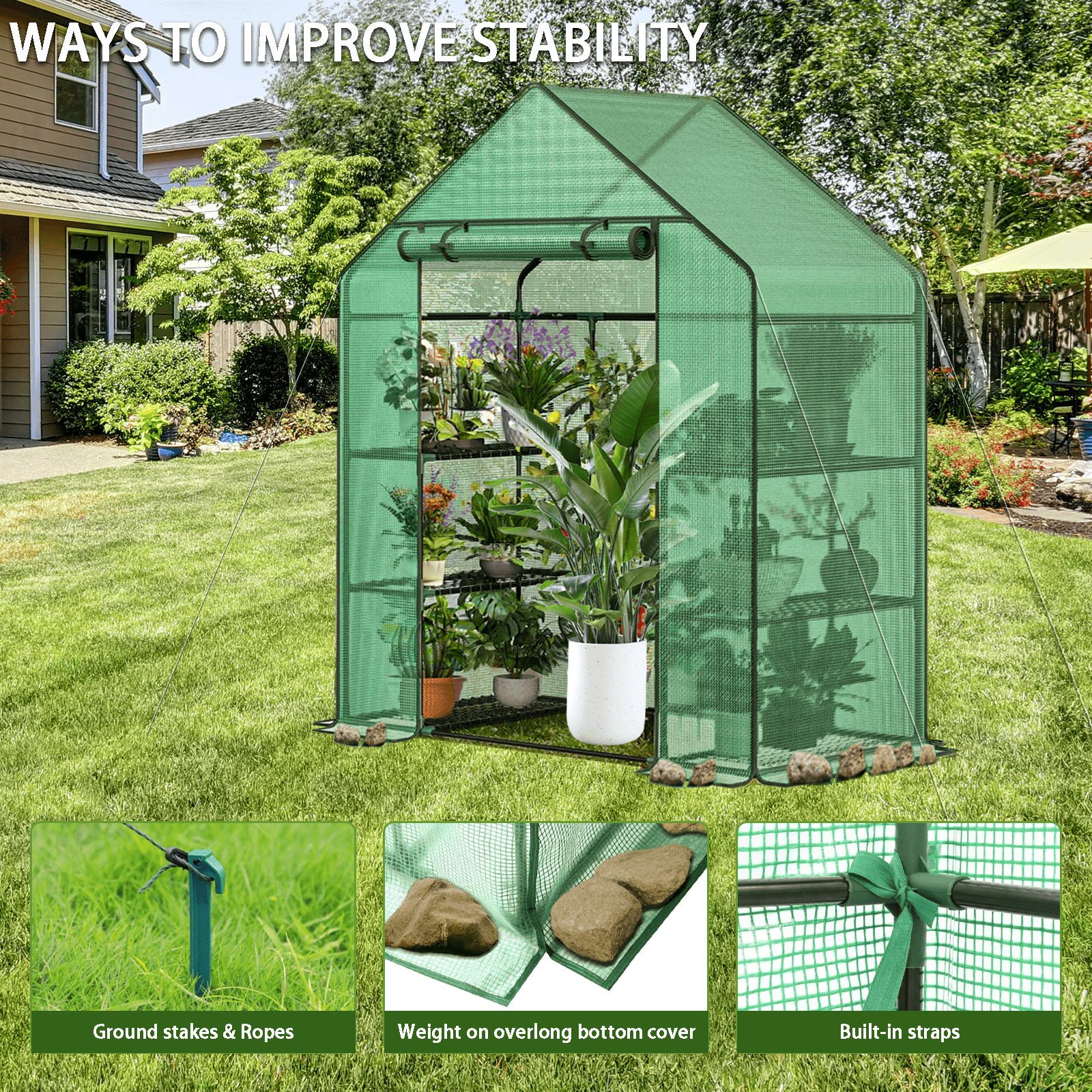 Grezone Small Greenhouse with Anchors and Ropes, 3 Tier 4 Wired Shelves Indoor and Outdoor Greenhouse for Garden/Patio/Backyard/Balcony, Green PE Cover Easy to Assemble