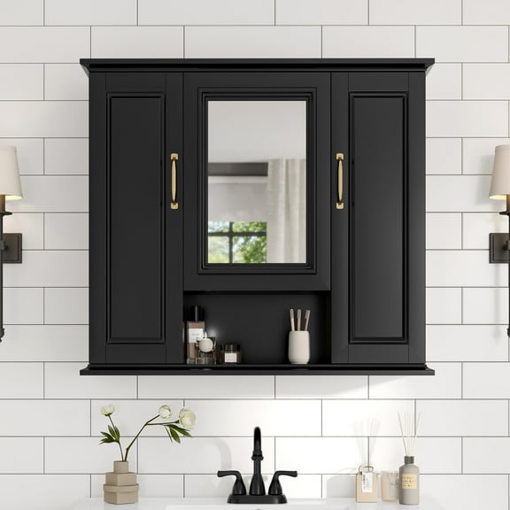 36'' Wall Mounted Medicine Cabinet, Bathroom Storage Cabinet with Mirror and 3 Doors, Modern Bathroom Wall Cabinet with Adjustable Shelves for Bathroom, Black