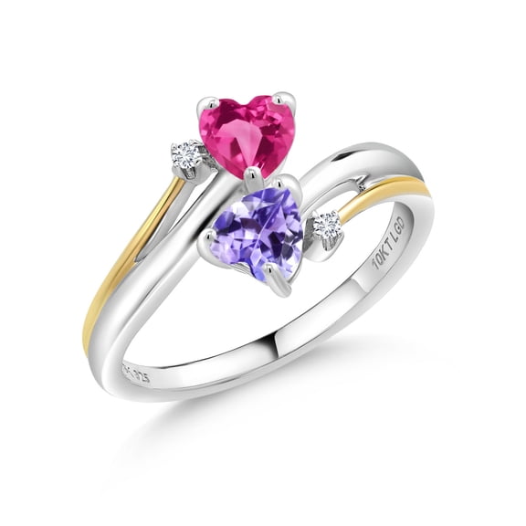 Gem Stone King 1.12 Ct Pink Created Sapphire Blue Tanzanite 925 Silver and 10K Yellow Gold Ring (Size 8)