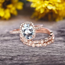 3 Carat 8x6mm Oval Cut Aquamarine Engagement Ring 10k Rose Gold With Art Deco Vintage Looking Matching Wedding Band