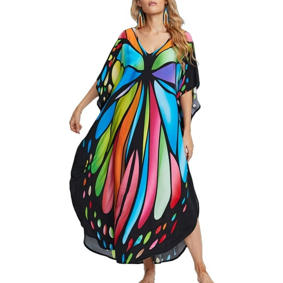 Edolynsa Kaftan Dresses Cover Up for Swimwear Women Plus Size Animal Print Caftan Resort Dress Casual Mumu Dresses