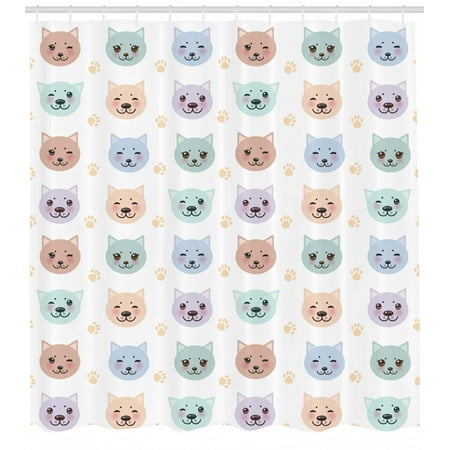 Home Decor Shower Curtain Smiley Cat Muzzle And Paw Pattern On