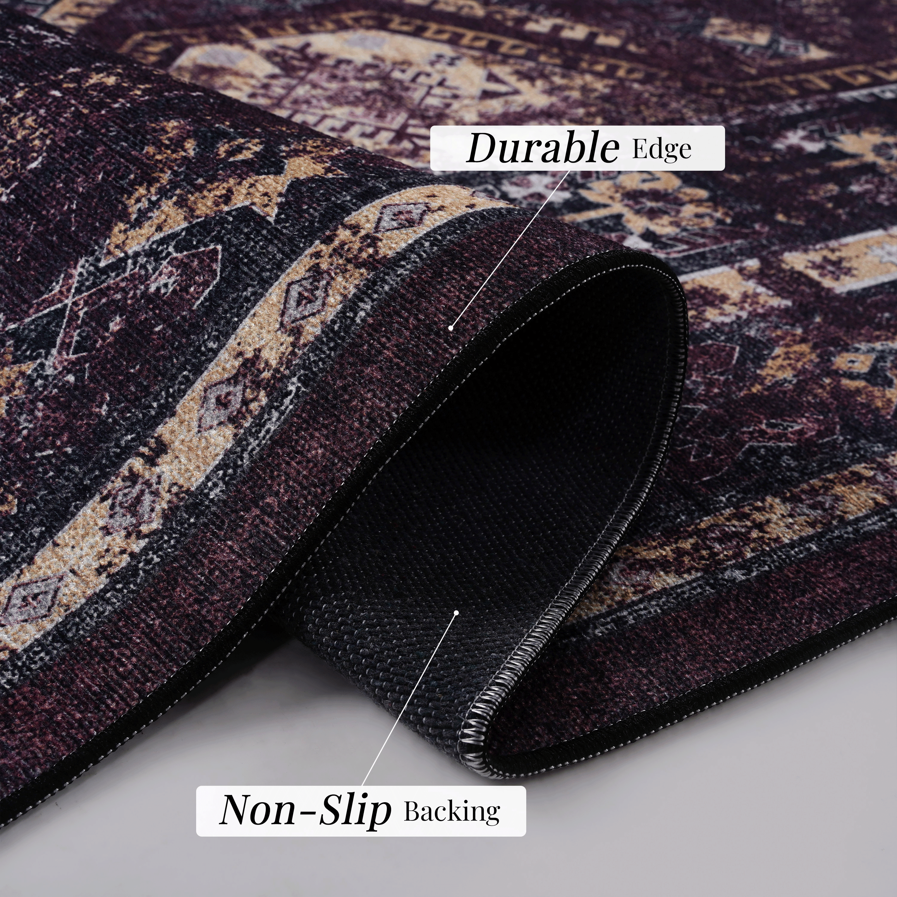 5'x8' Burgundy/Black Area Rug, Machine Washable Low-Pile Rug, Non-Slip Non-Shedding Foldable, Kid & Pet Friendly for Living Room Bedroom Kitchen