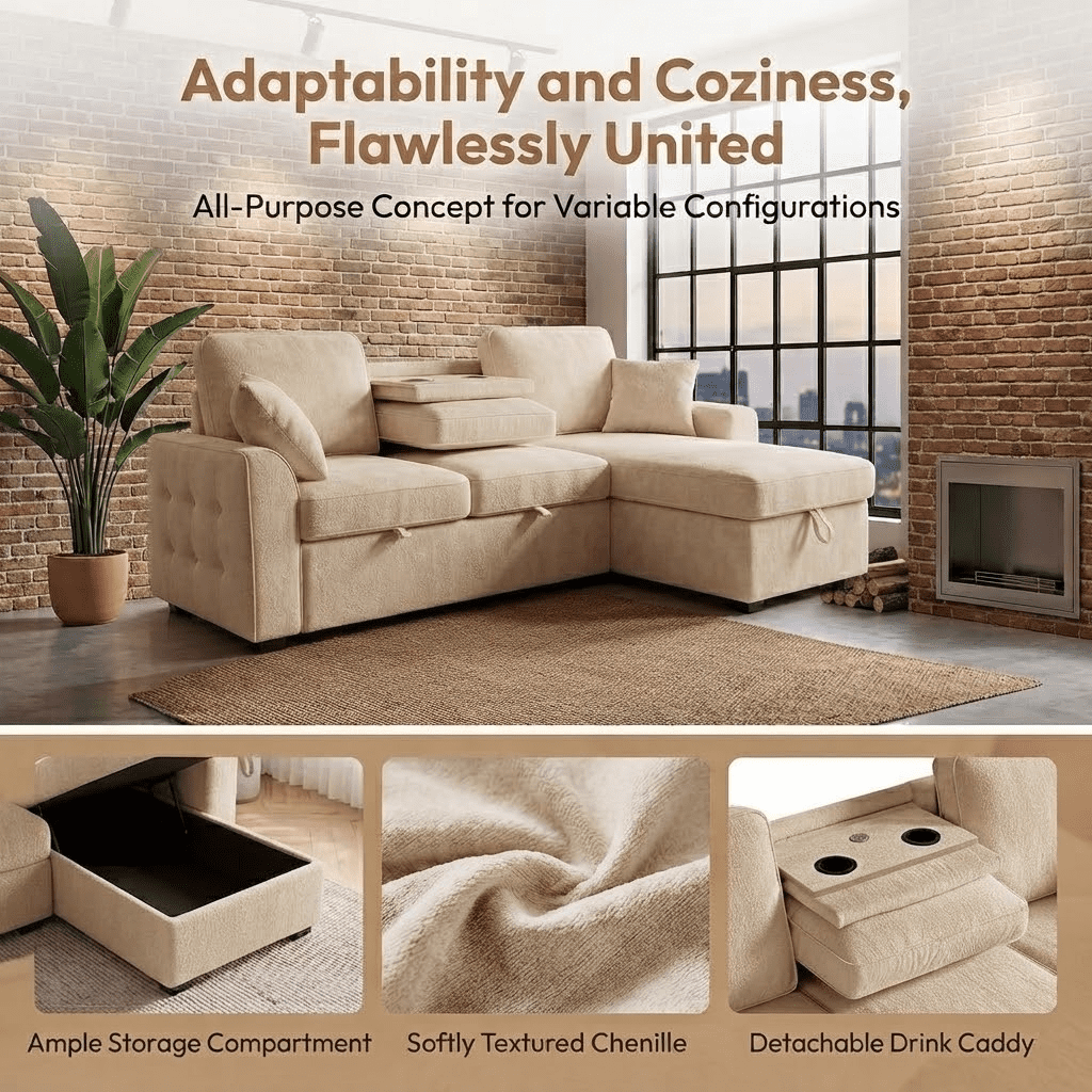 Howcool Sectional Sleeper Sofa,L Shaped Chenille Convertible Sofa Bed 85.5" 3 Seater with Flip-Down Center Console,Pull Out Couch for Living Room Apartment Office,Beige